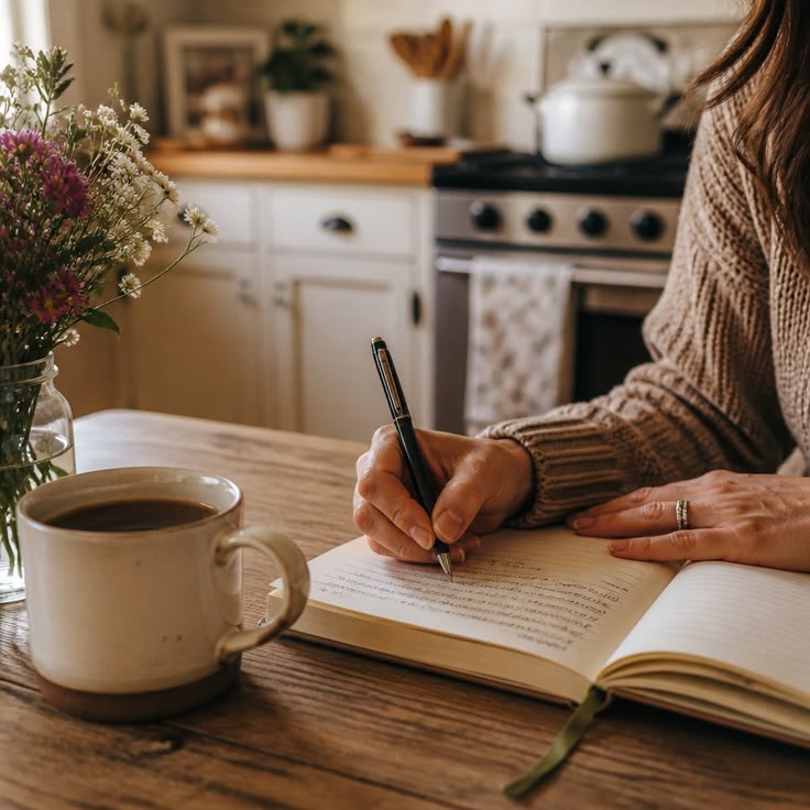 An open handwritten notebook beside a cup of coffee and scattered recipe cards