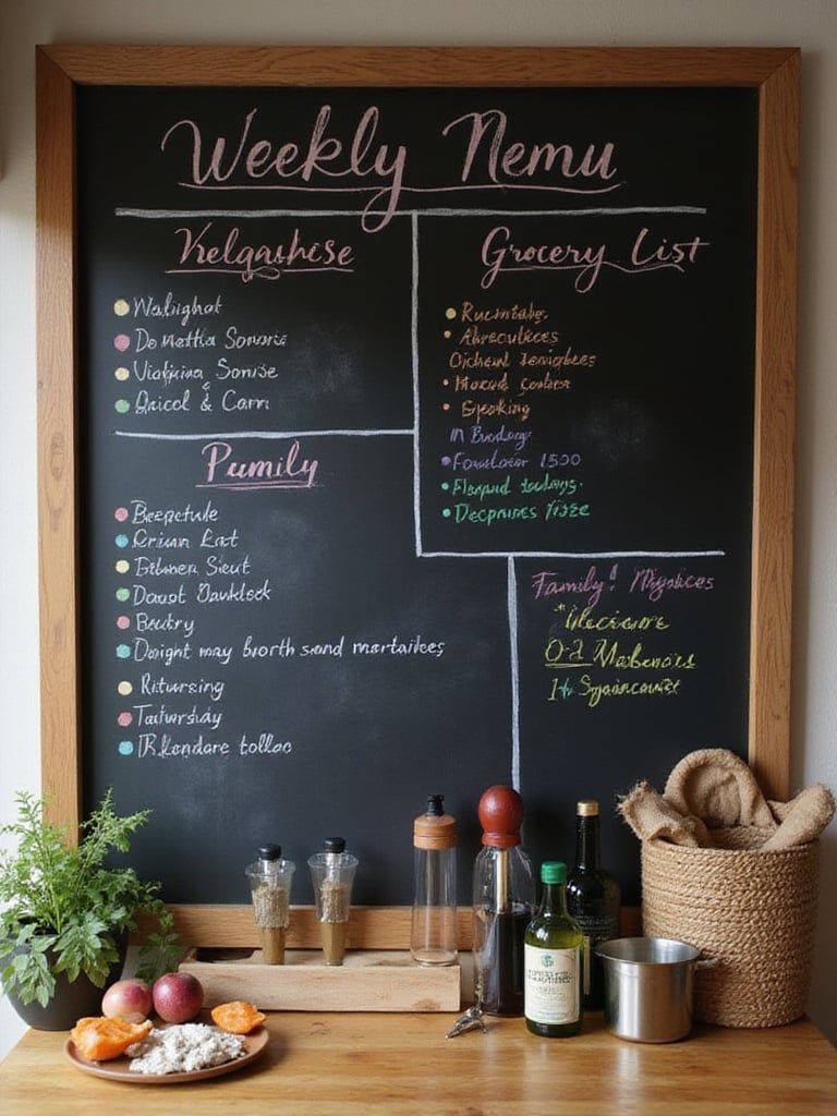 A chalkboard listing the days of the week beside a bowl of seasonal produce
